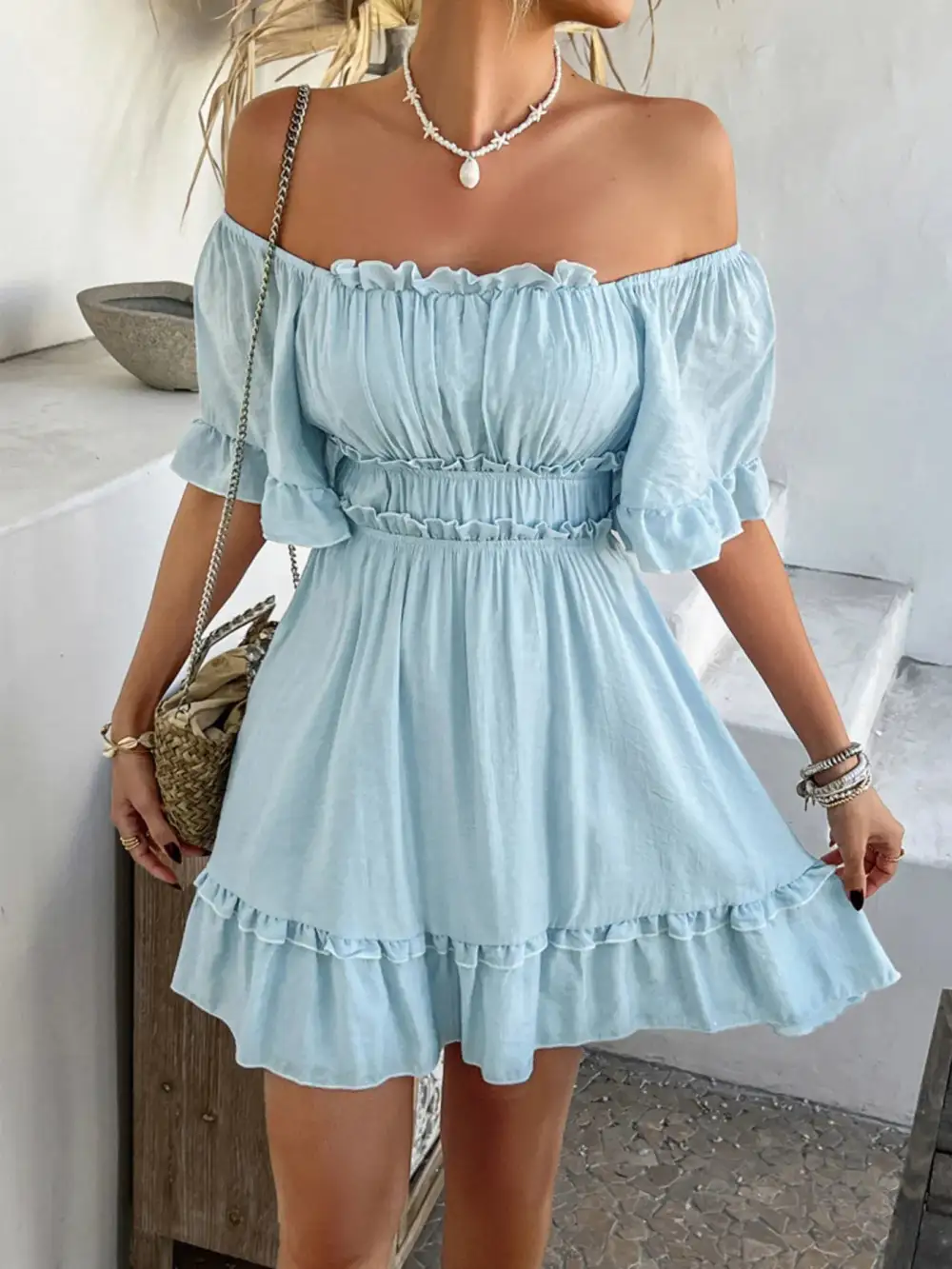 Square Neck Ruffle Mini Dress