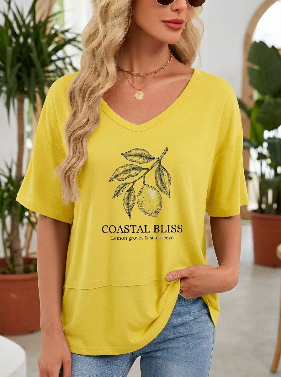 Women's Coastal Bliss Lemon Botanical Printed V-Neck T-Shirt