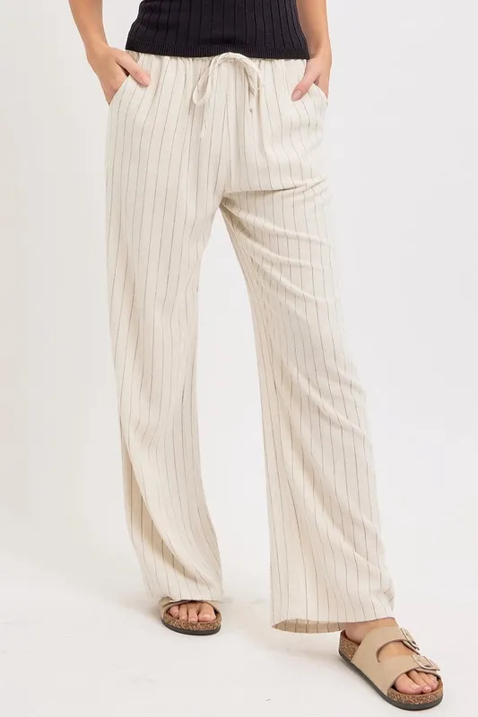 Striped Linen Blend Drawstring Pants
