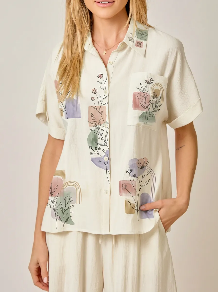 Women's Boho Floral Abstract Geometric Printed Button-Down Shirt