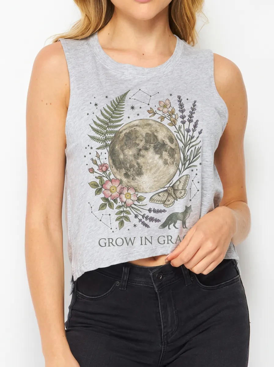 Women's Celestial Moon Floral Moth Printed Crop Tank Top