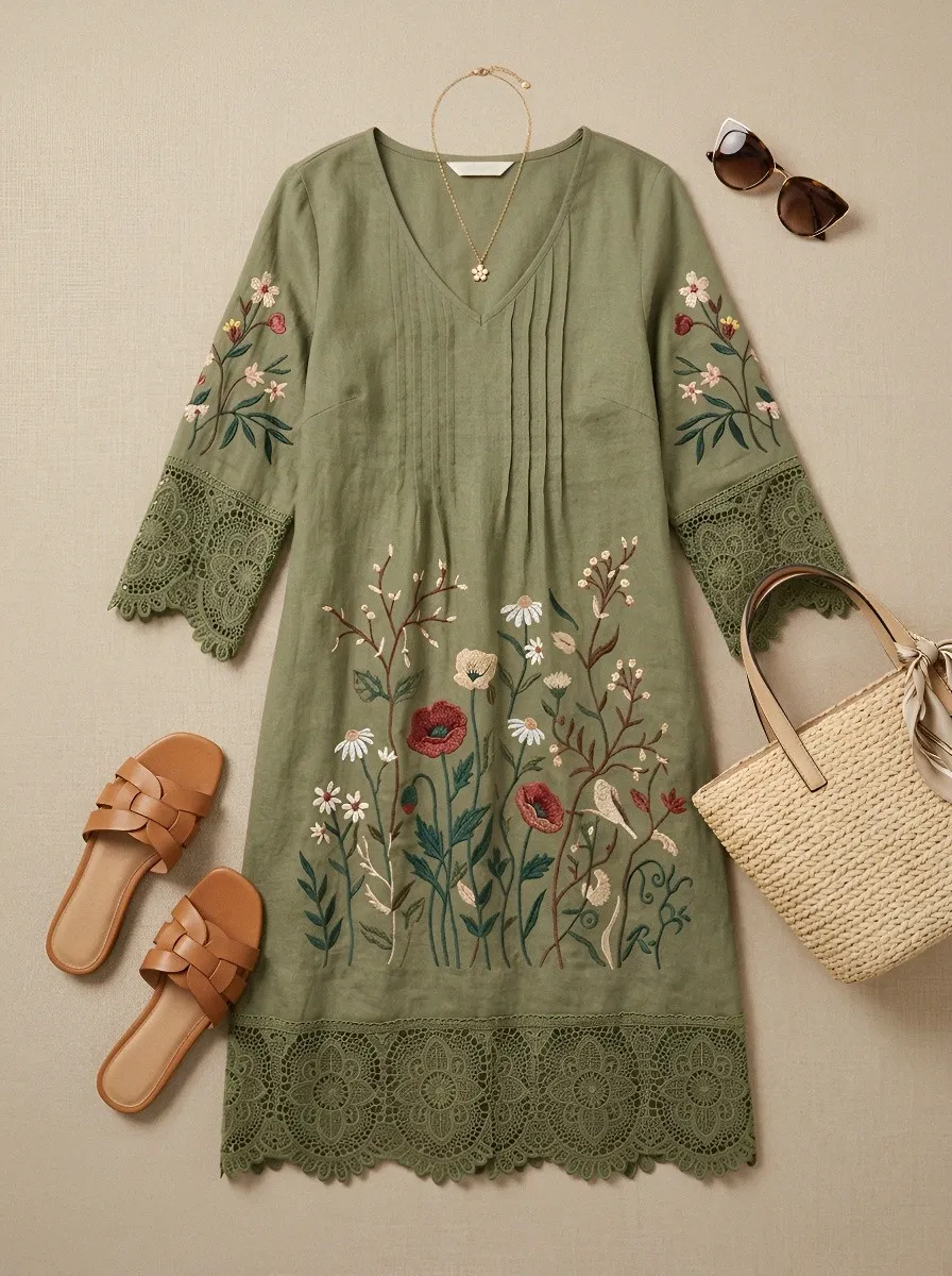 Women's Summer Vacation Poppy Floral Embroidered Printed Dress