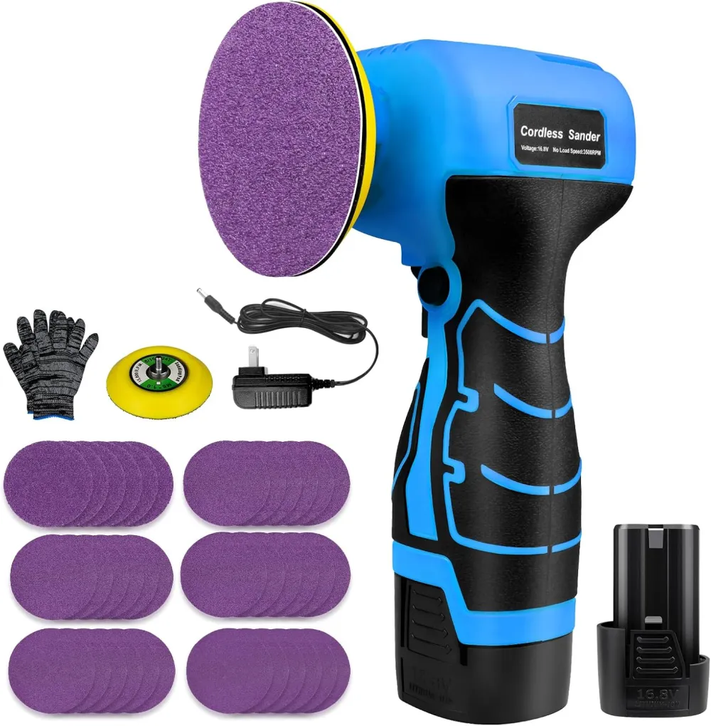 Cordless Electric Sander with 36PCS Sandpapers, 3500 RPM, 2Pcs 2000mAh Batteries, Lightweight & Compact Design for Wood, Metal, Paint Removal, and DIY Projects