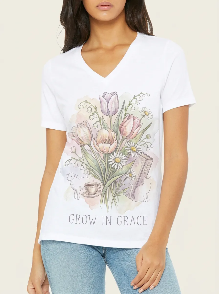 Women's Grow In Grace Tulip Flower Cat Lamb Printed V-neck T-shirt