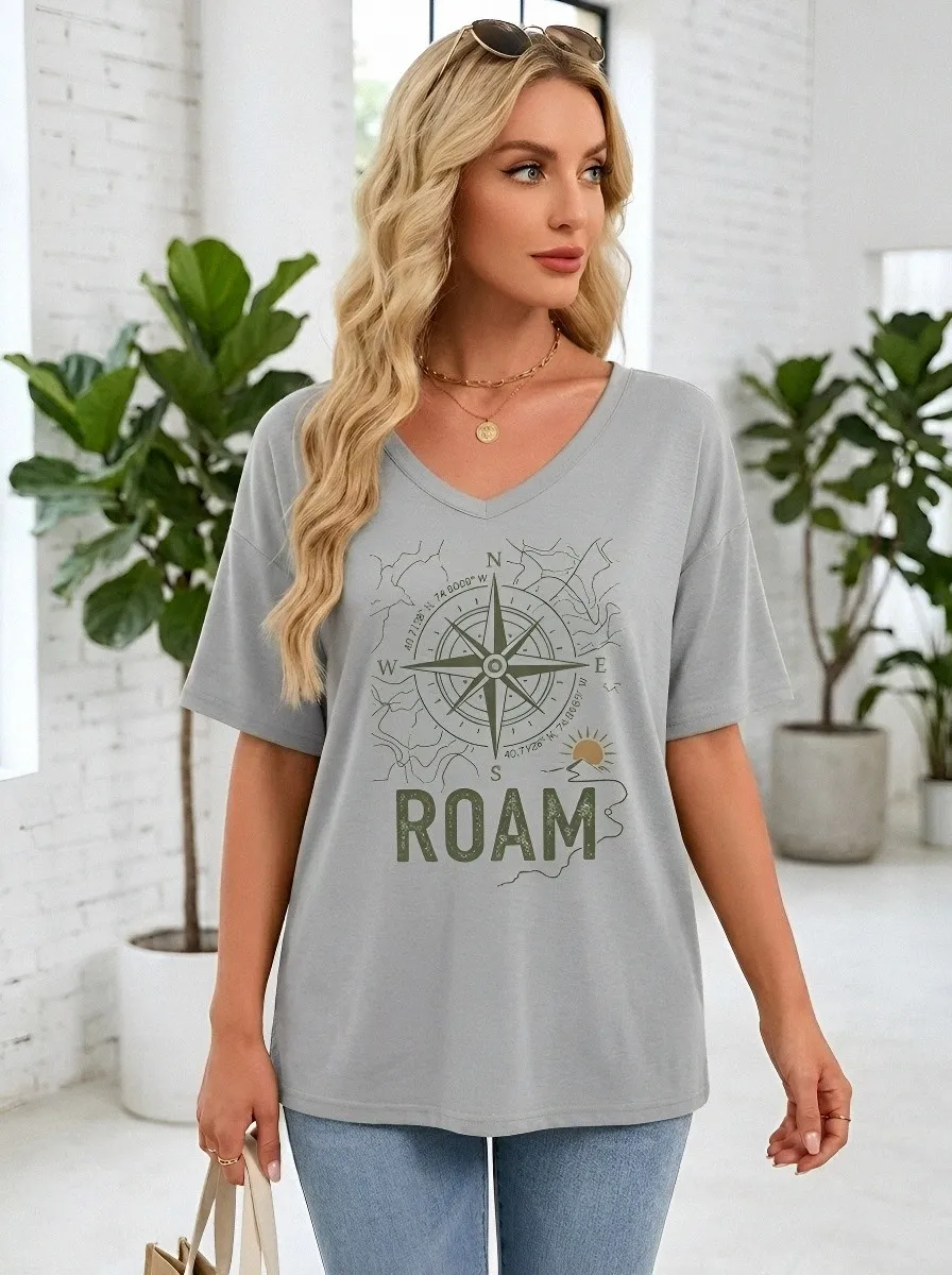 Women's Travel Lover Compass Roam Printed V-neck T-shirt