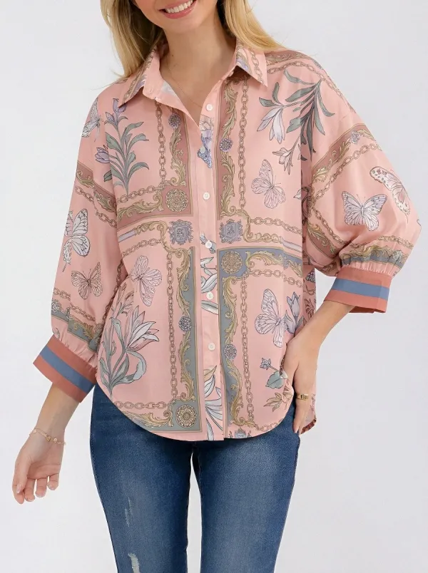 Women's Vintage Butterfly Chain Floral Printed Button-Down Shirt