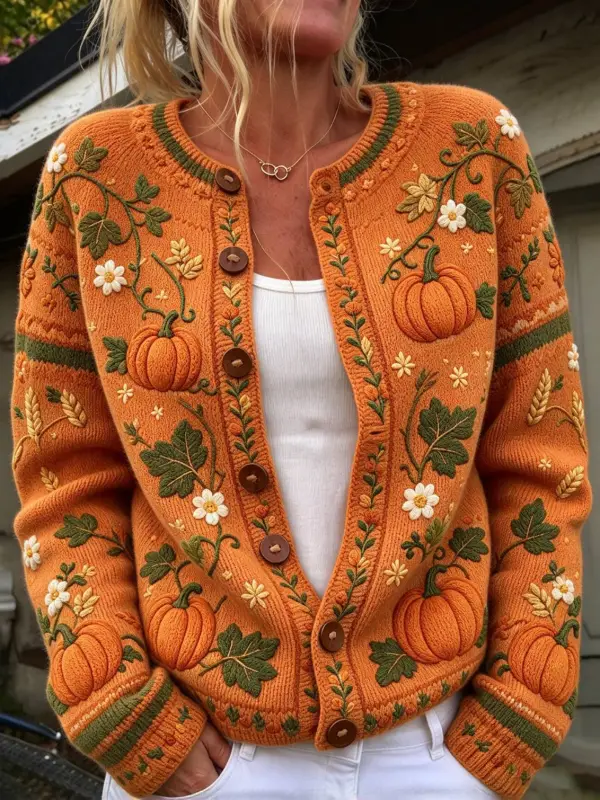 Women Pumpkin Vine Daisy Embroidery Knit Cardigan