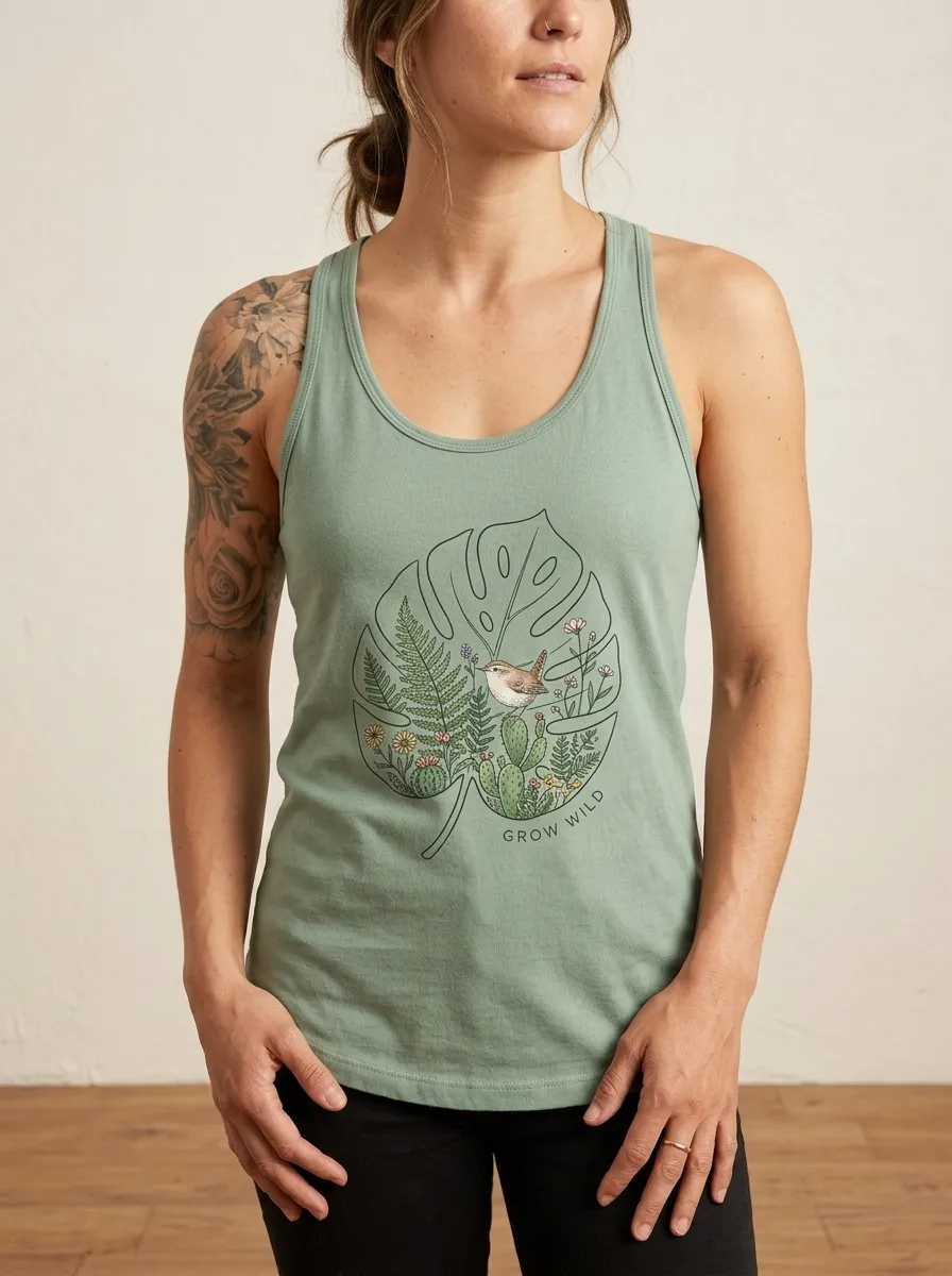 Women's Nature Lover Monstera Bird Floral Printed Tank Top