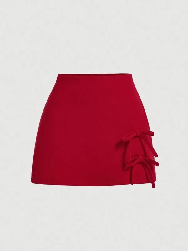 Red Mini Pleated Tie Detail Skirt