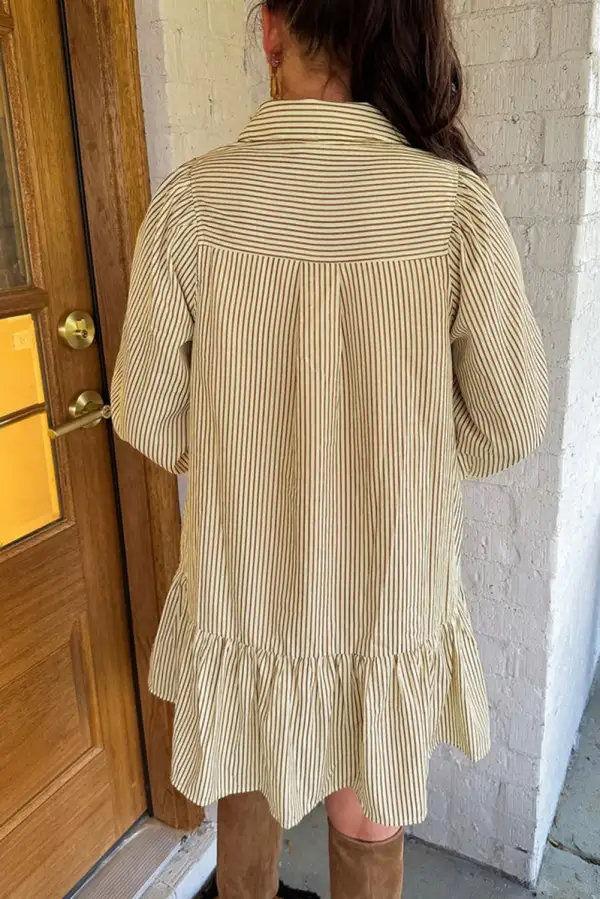 Smooth Finish Striped Long Sleeve Collared Mini Dress