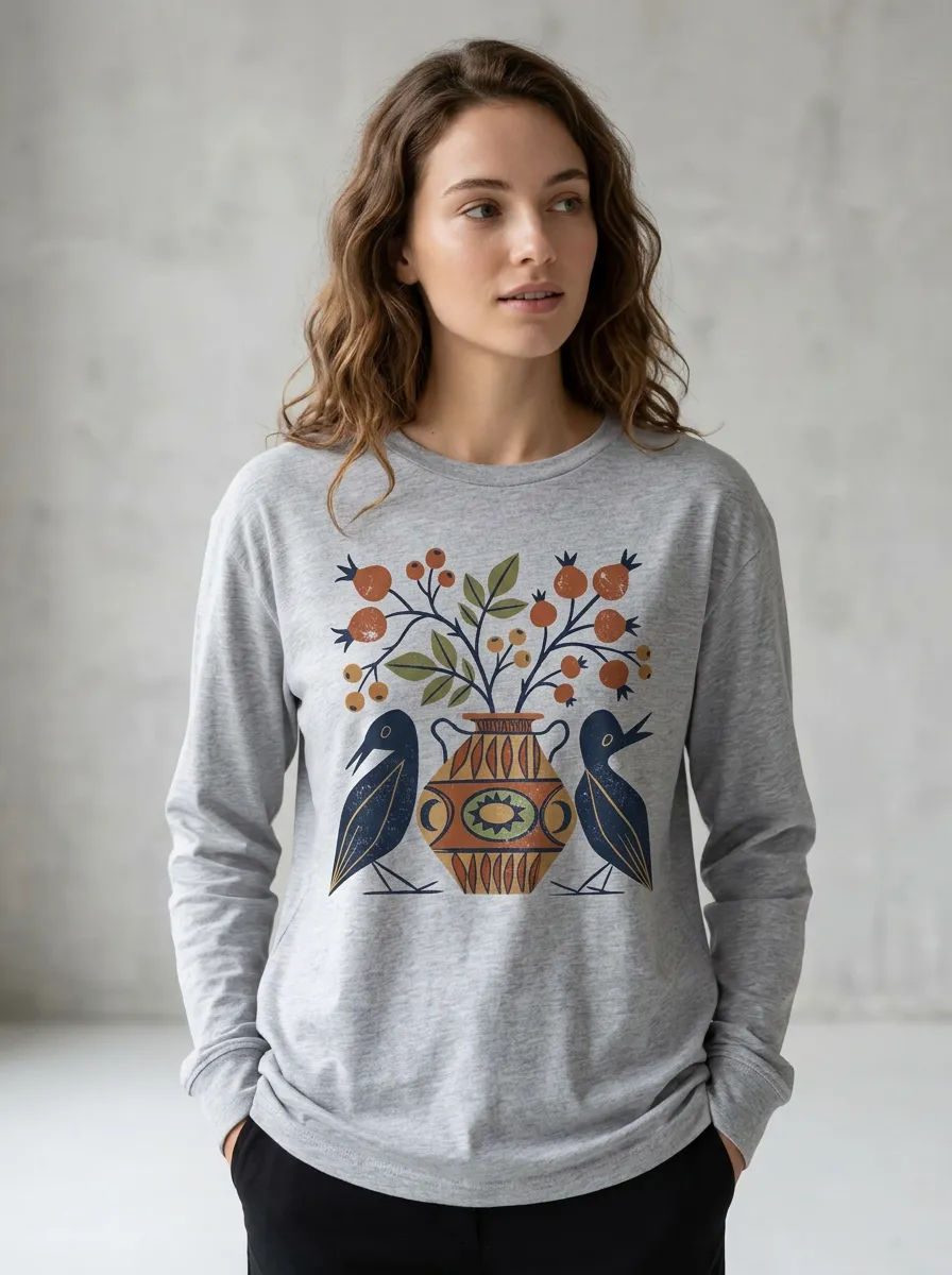 Women's Folk Art Bird Vase Botanical Printed Long Sleeve Top