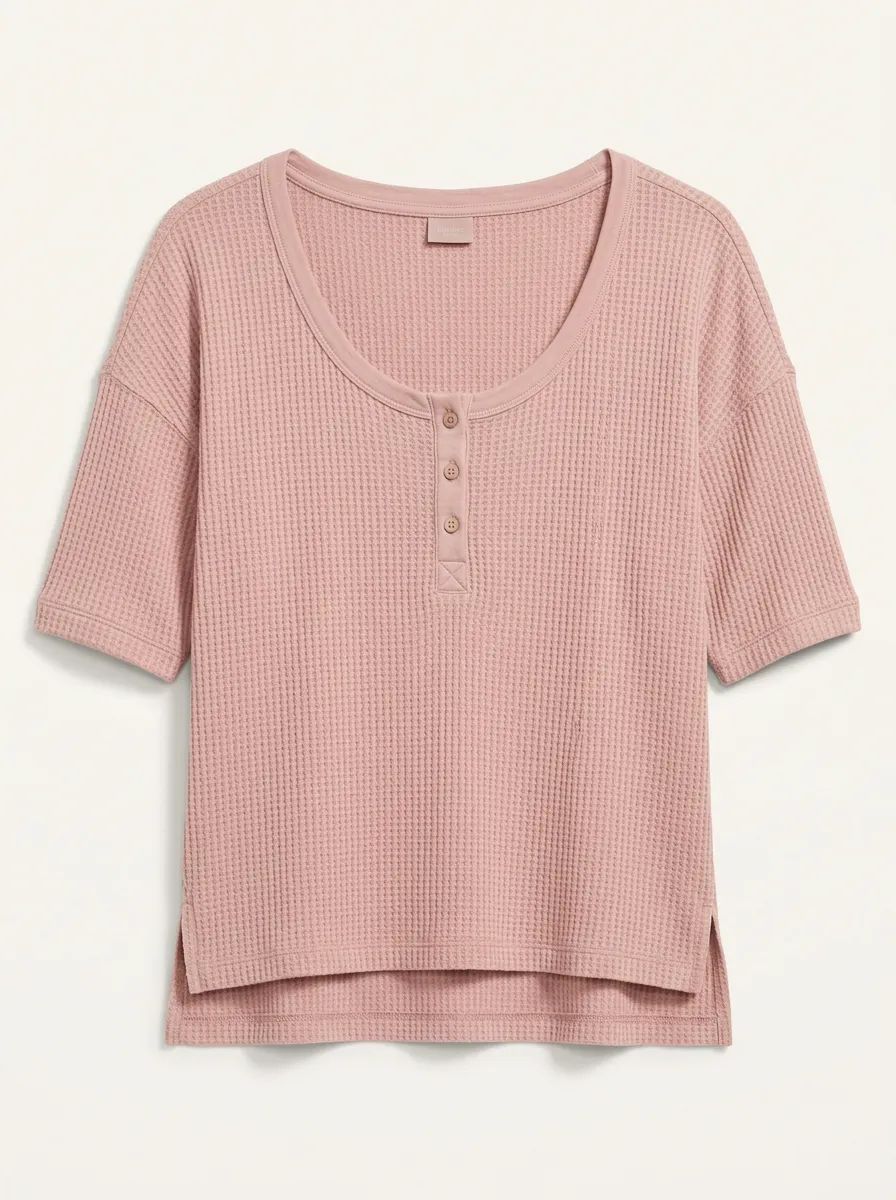 Women's Pink Waffle Knit Button Henley Short Sleeve Top