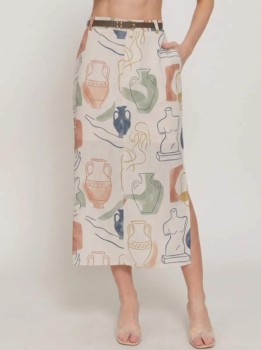 Women's Greek Art Lover Statue Vase Printed Midi Skirt