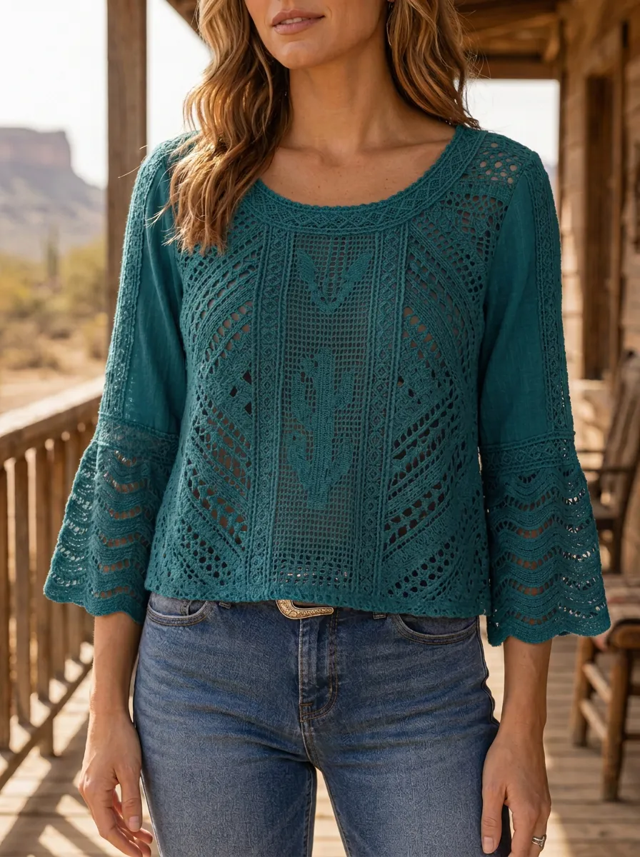 Women's Western Cactus Pattern Crochet Hollow-out Top