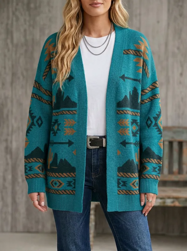 Women's Western Desert Cactus Arrow Pattern Knitted Cardigan