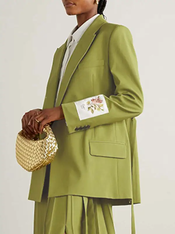 Long Sleeve Embroidered Floral Split Streamer Lapel Blazer
