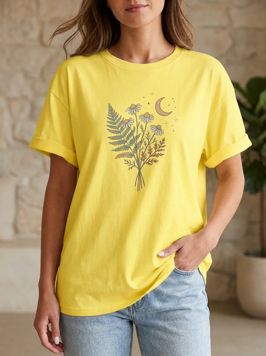 Women's Celestial Botanical Moon Daisy Fern Printed T-shirt