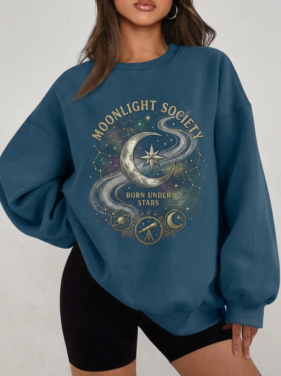 Women's Astronomy Lover Moonlight Society Constellation Printed T-shirt