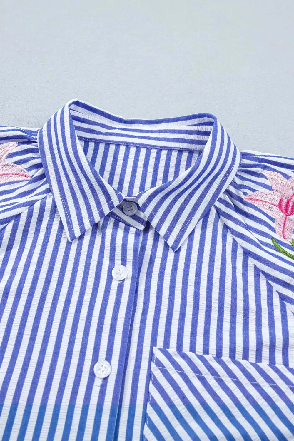 Striped Floral Embroidered Puff Sleeve Button Down