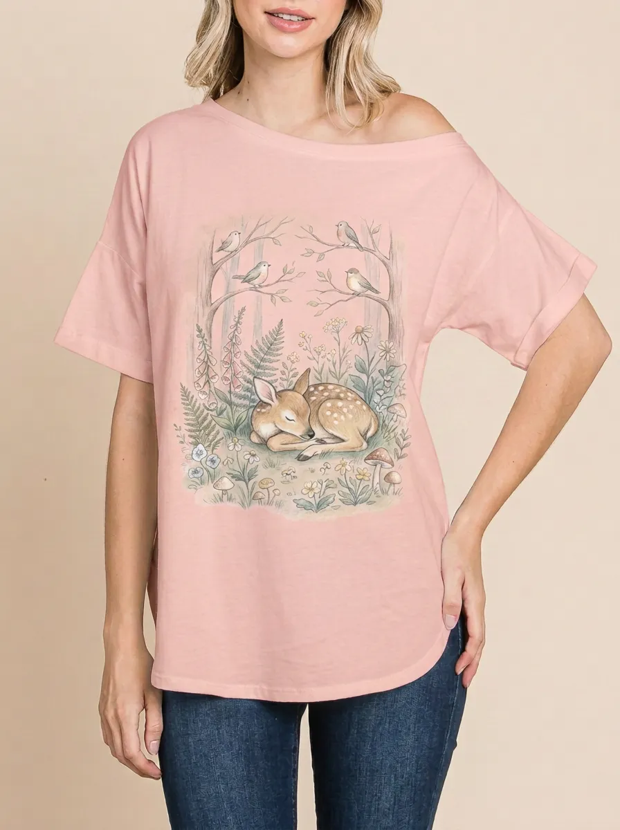 Women's Nature Lover Sleeping Fawn Forest Printed T-shirt