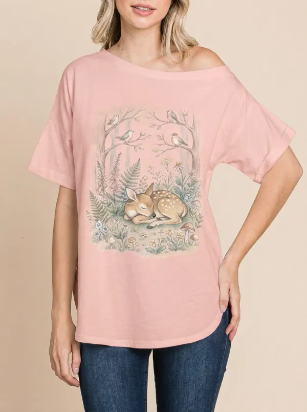 Women's Nature Lover Sleeping Fawn Forest Printed T-shirt