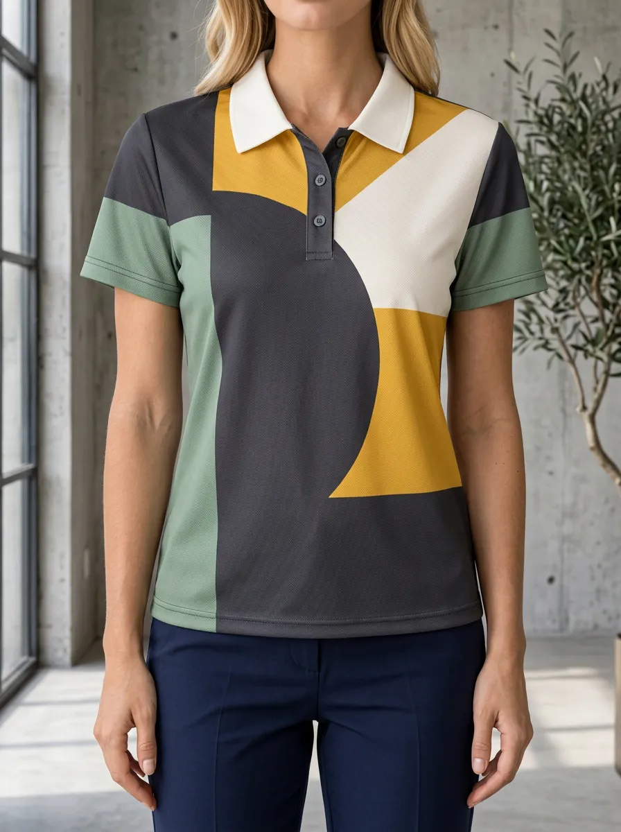 Women's Relaxed Geometric Colorblock Abstract Polo Shirt