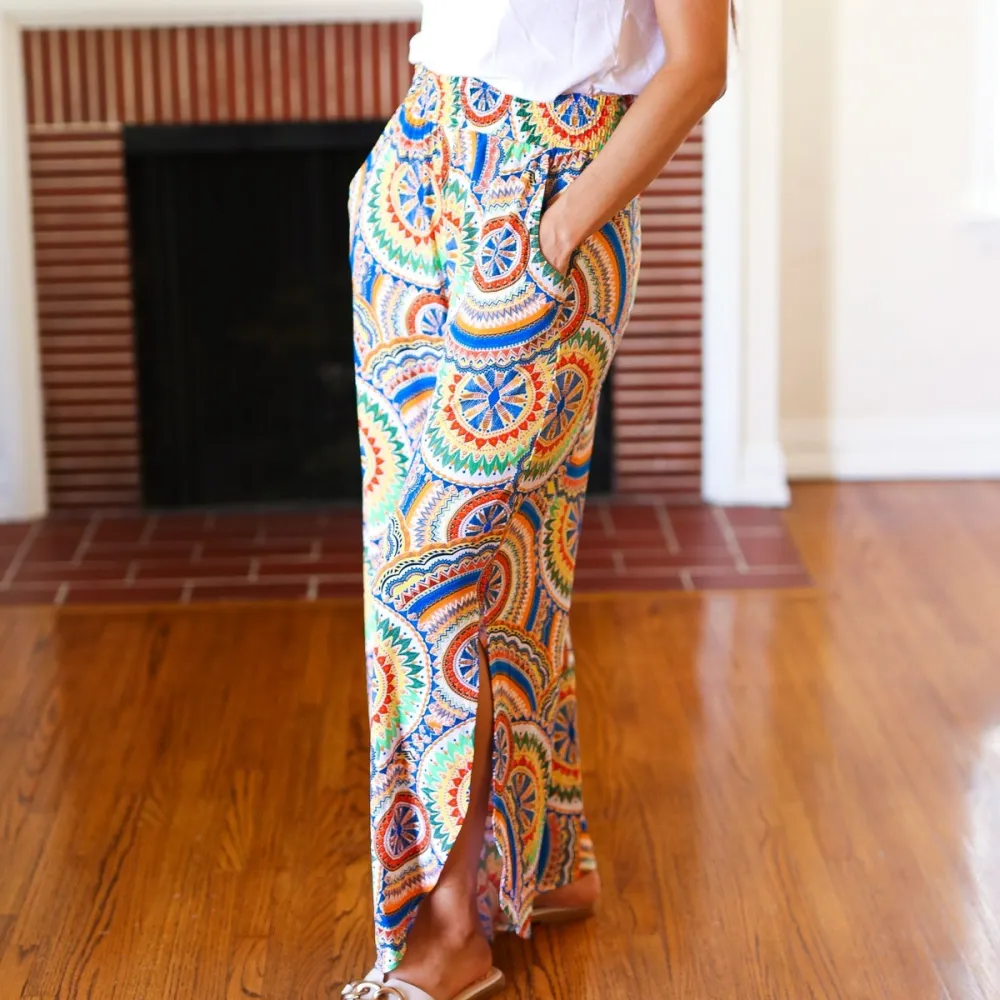 Mandala Smocked Waist Side Slit Palazzo Pants