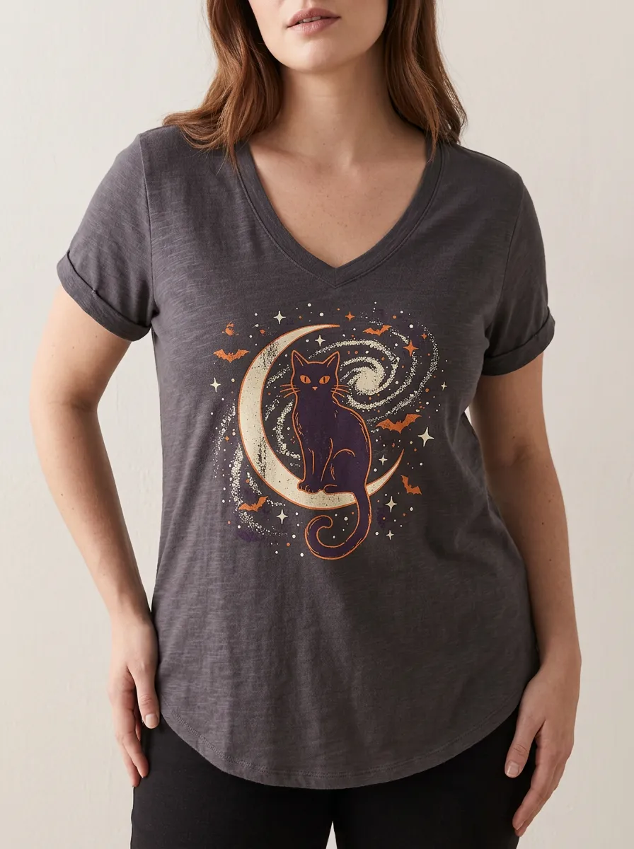 Women's Halloween Cat Moon Galaxy Printed V-neck T-shirt