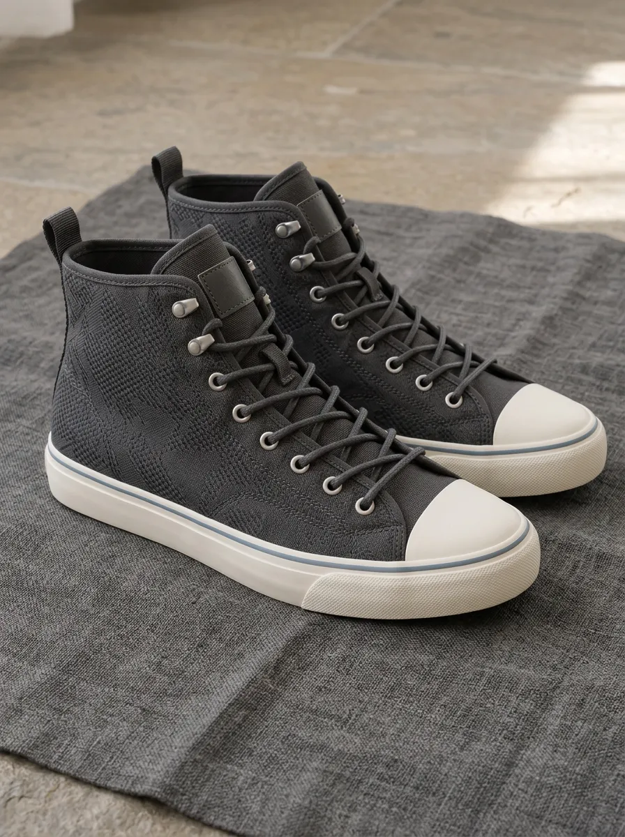 Men's Geometric Pattern Dark Grey Knitted High-Top Canvas Shoes
