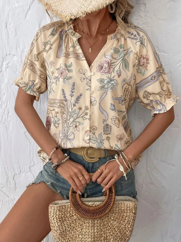 Women's Vintage Floral Key Print V-Neck Printed Blouse