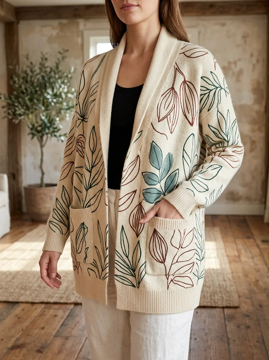 Women's Botanical Nature Lover Leaf Printed Ribbed Trim Casual Layering Cardigan