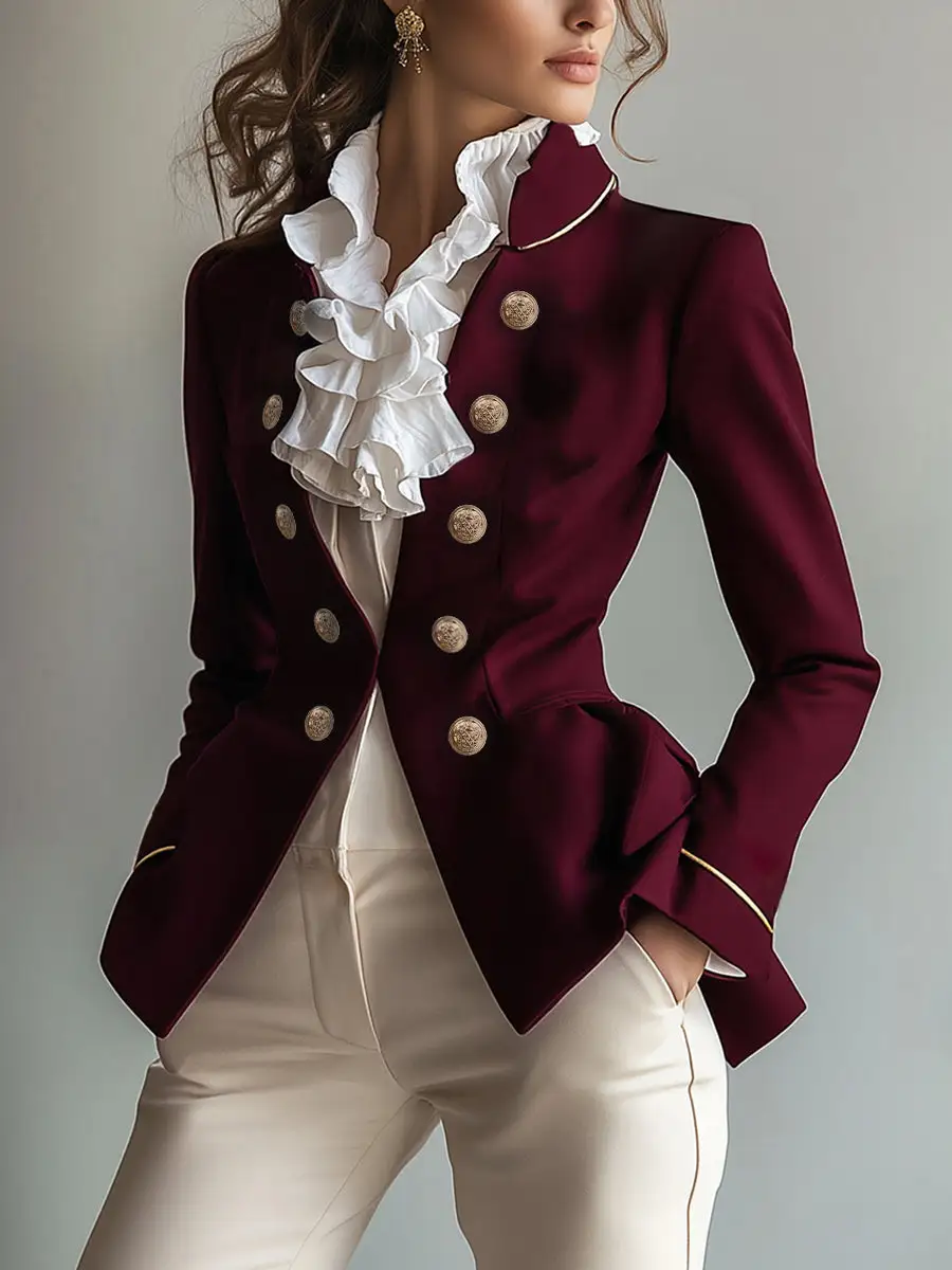Long Sleeve Button Front Solid Color Split Stand Blazer