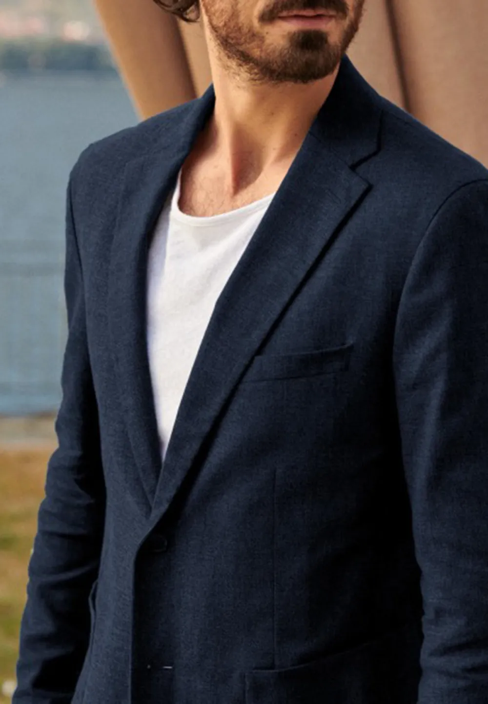 Navy Blue Linen Blend Unstructured Blazer Jacket