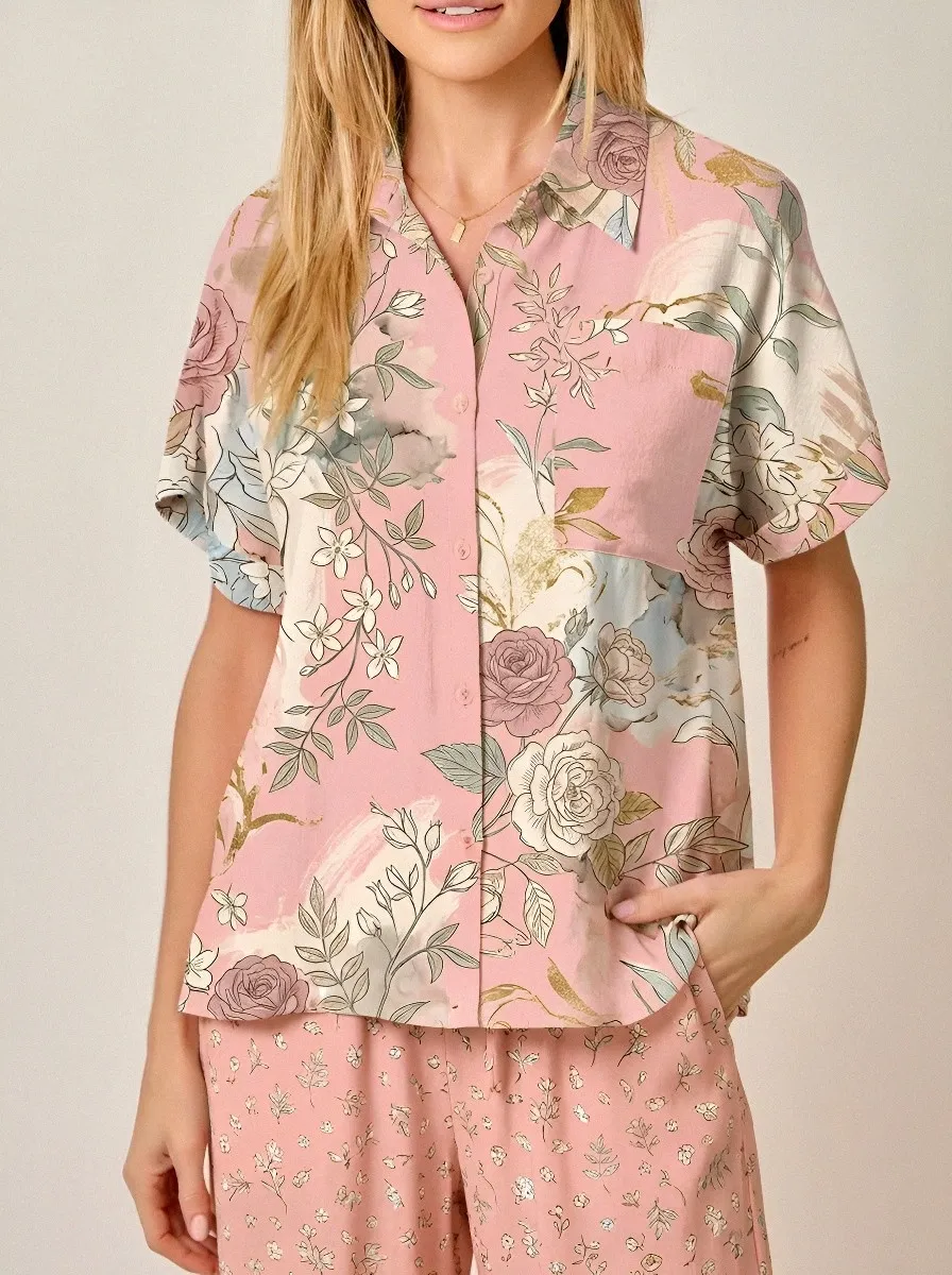 Women's Floral Lover Peach Rose Botanical Printed Button-up Shirt