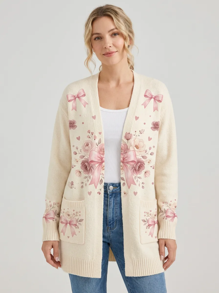 Women's Breast Cancer Awareness Pink Ribbon Floral Printed Cardigan