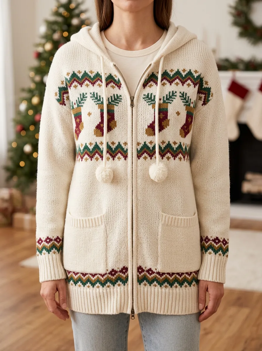 Christmas Stocking Pattern Print Hooded Cardigan