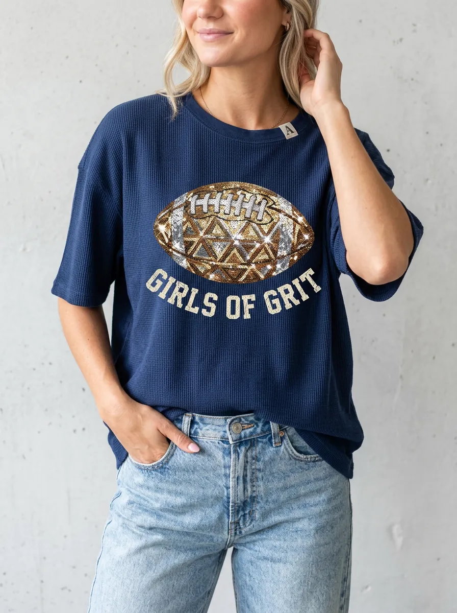 Women's Stadium Inspired Football Ball Sequin Crew Neck Graphic T-Shirt