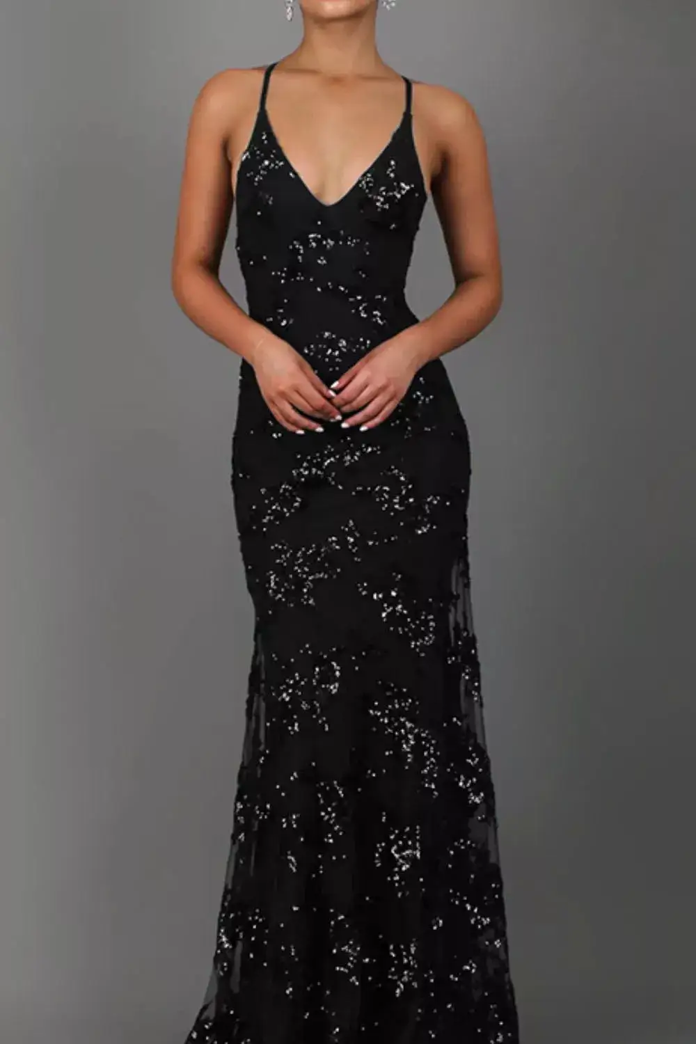 Full Size Sequin Tie Back V Neck Maxi Dress Plus Size