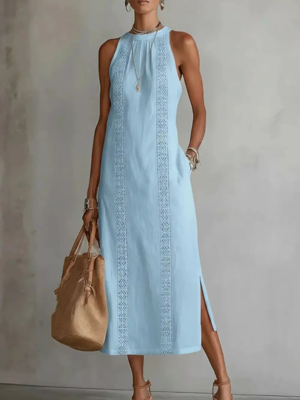 Sleeveless Lace Trim Midi Dress