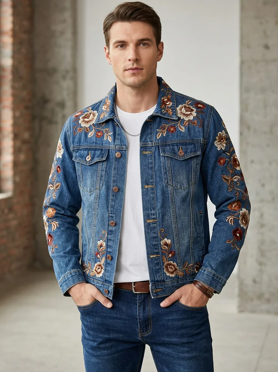 Men's Graphic Floral Vintage Inspired Denim Jacket