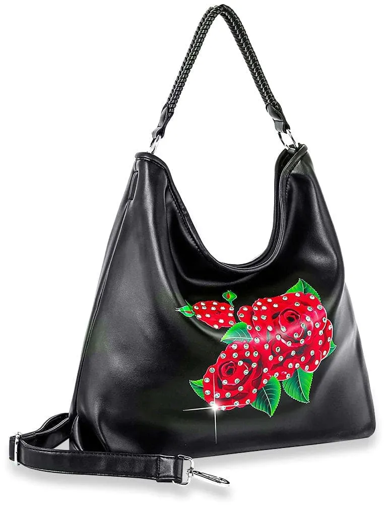 Modern Detail Studded Crystal Accent Pocketed Faux Leather Hobo Shoulder Bag