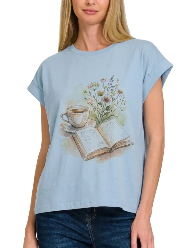 Women's Book Lover Coffee Floral Watercolor Printed T-shirt
