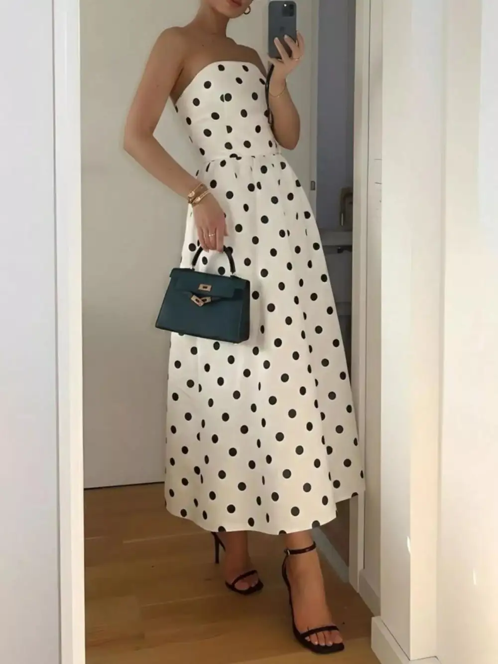 Strapless Polka-Dot Midi Dress