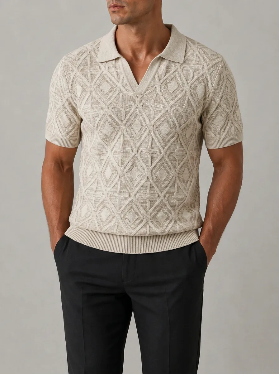 Men's Vintage Geometric Diamond Pattern Knitted Polo Shirt