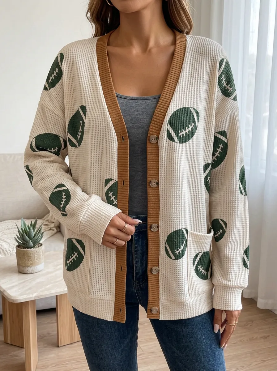Women's Football Lover American Football Printed Waffle Knit Cardigan