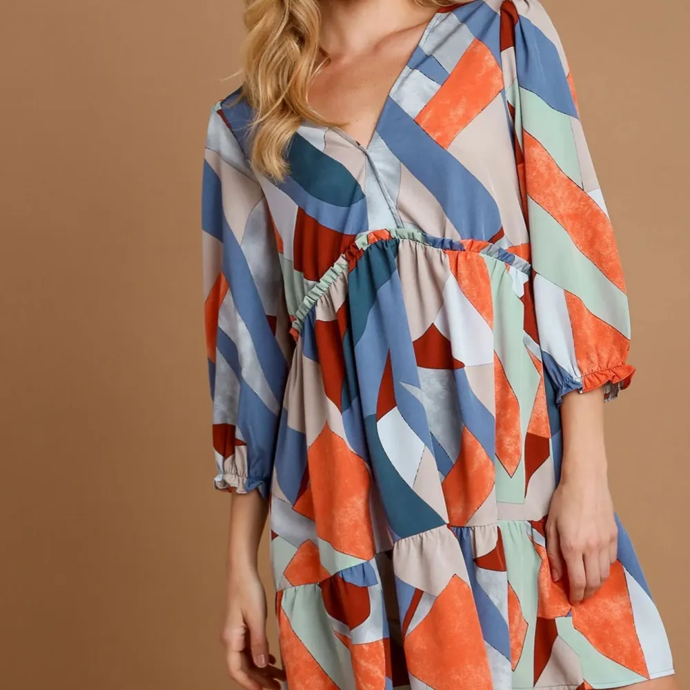 Abstract V-Neck Tiered Printed Dress