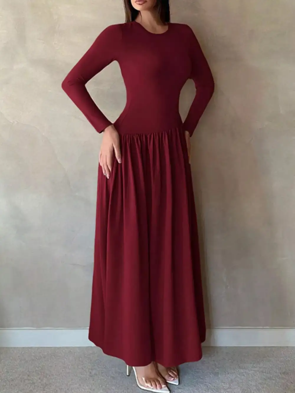 Long Sleeve Ruched A Line Maxi Dress