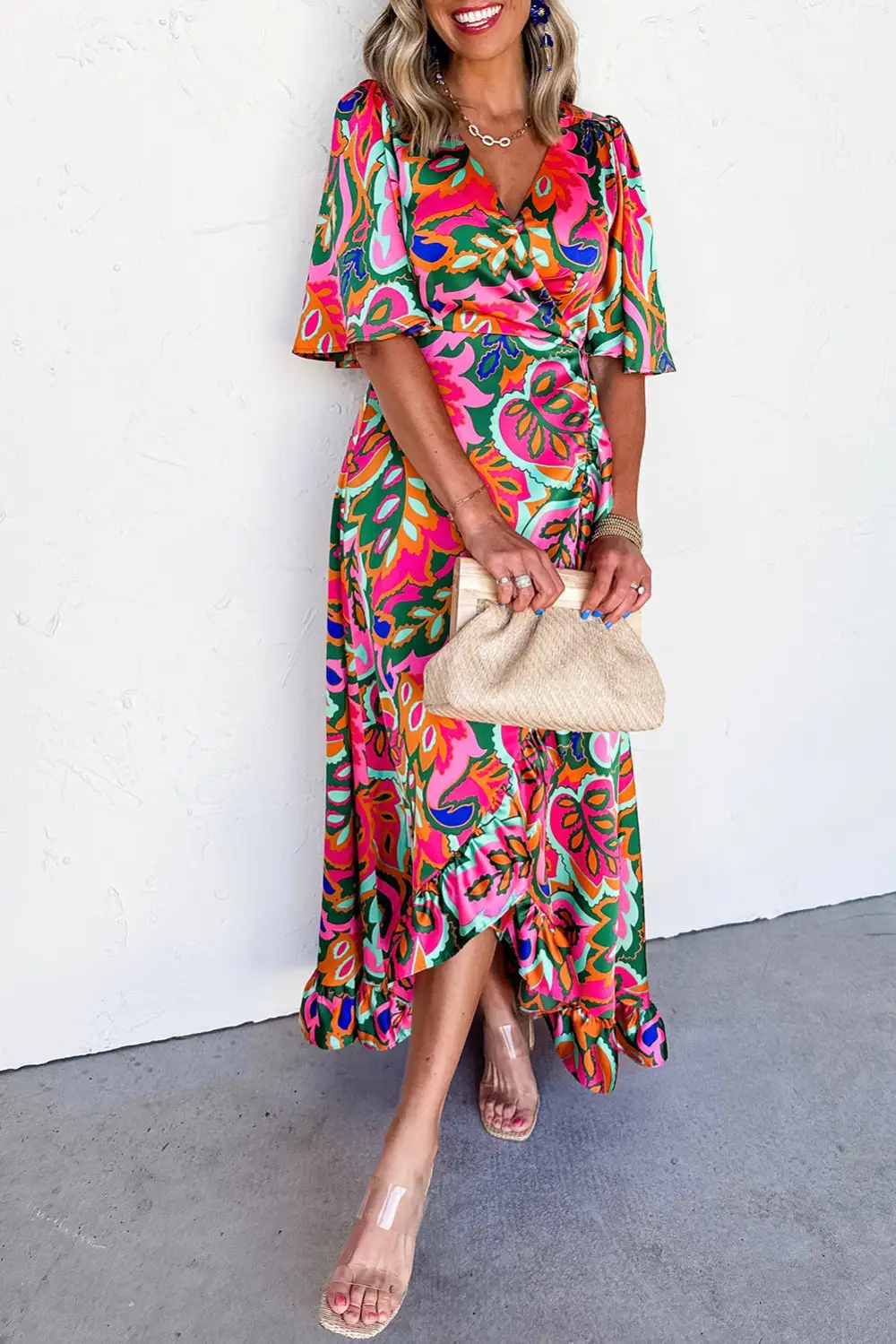 Rose Summer Plant Print Surpliced V Neck Ruffled Asymmetric