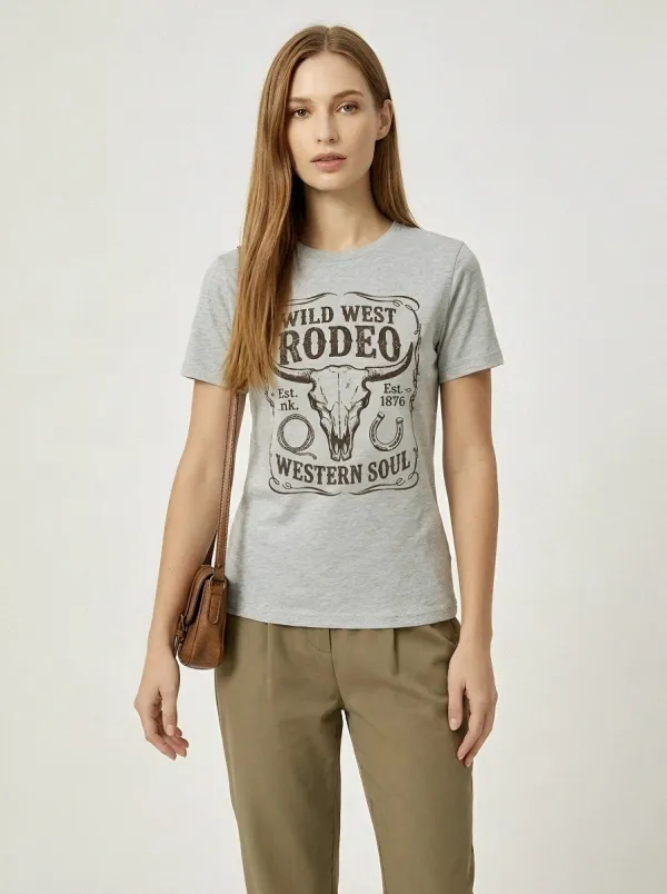 Women's Wild West Rodeo Cow Skull Printed T-shirt