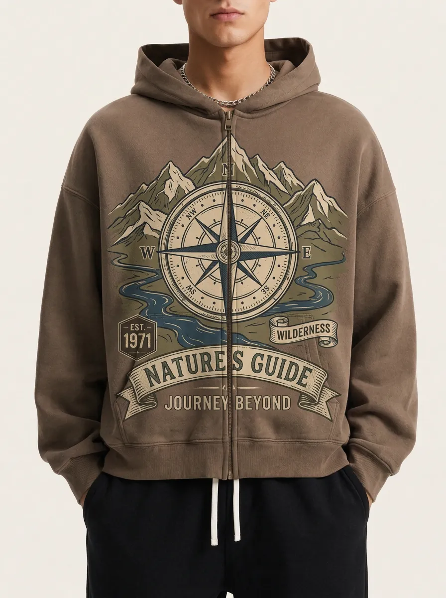 Men's Nature Adventure Compass Mountain Printed Zip-up Hoodie